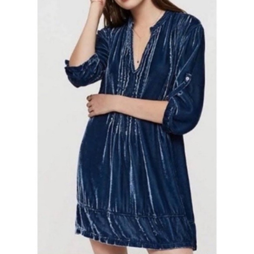 CP Shades Regina Crushed Velvet Dress Navy Blue Silk Blend Pintuck Roll Tab S